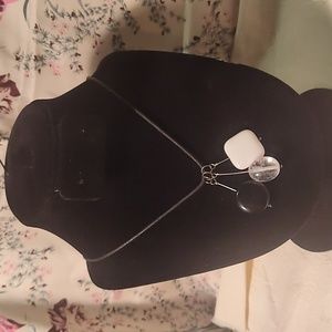 Leather necklace, clear quartz, onyx,white stone not sure, silver wire ,11 inche